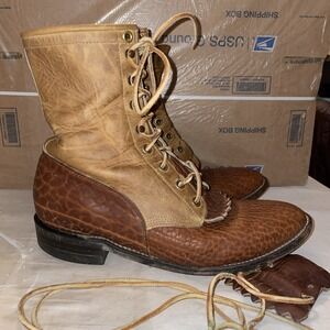 Justin Boots 8D Leather 630 Brown Tan Two Tone Kiltie Packer Vintage Made In USA